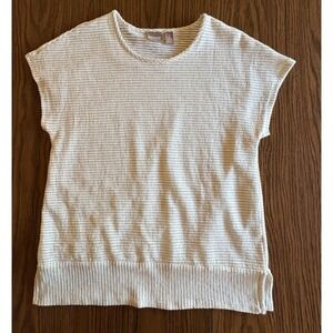 Chico's Size 2/Large Ivory Textured Knit Top Short Sleeve Ribbed Hem Lined EUC